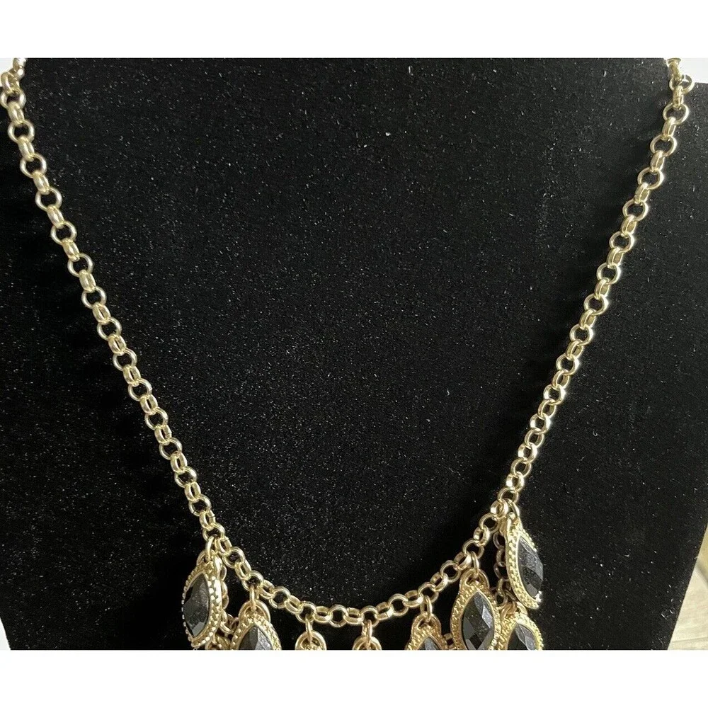 Waterfall Tear Drop Style Bib Statement Necklace Gold Tone Black Jet 20" - Picture 4 of 6